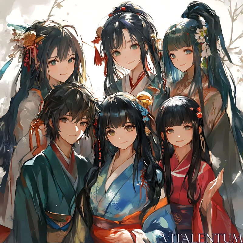 Traditional Anime Group Illustration AI Image