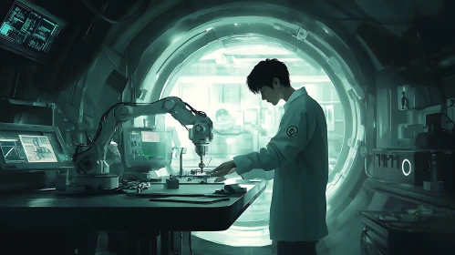 Scientist and Robot in Teal Laboratory