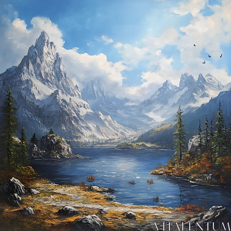 Tranquil Mountain Lake with Snow-Capped Peaks AI Image