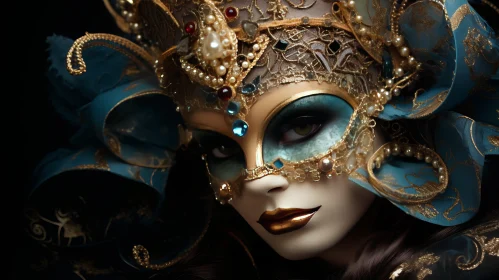 Enigmatic Woman in Gold and Blue Venetian Mask