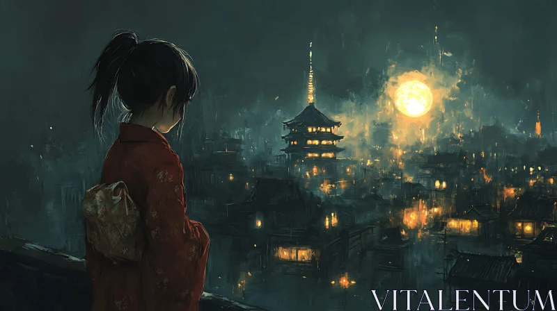 Moonlit Night Over Traditional City with Kimono-clad Figure AI Image