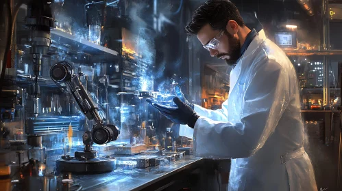 Scientist Examining Glowing Object in Lab