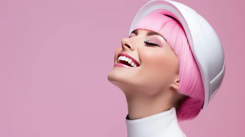 Fashionable Portrait: Pink-haired Woman Laughing
