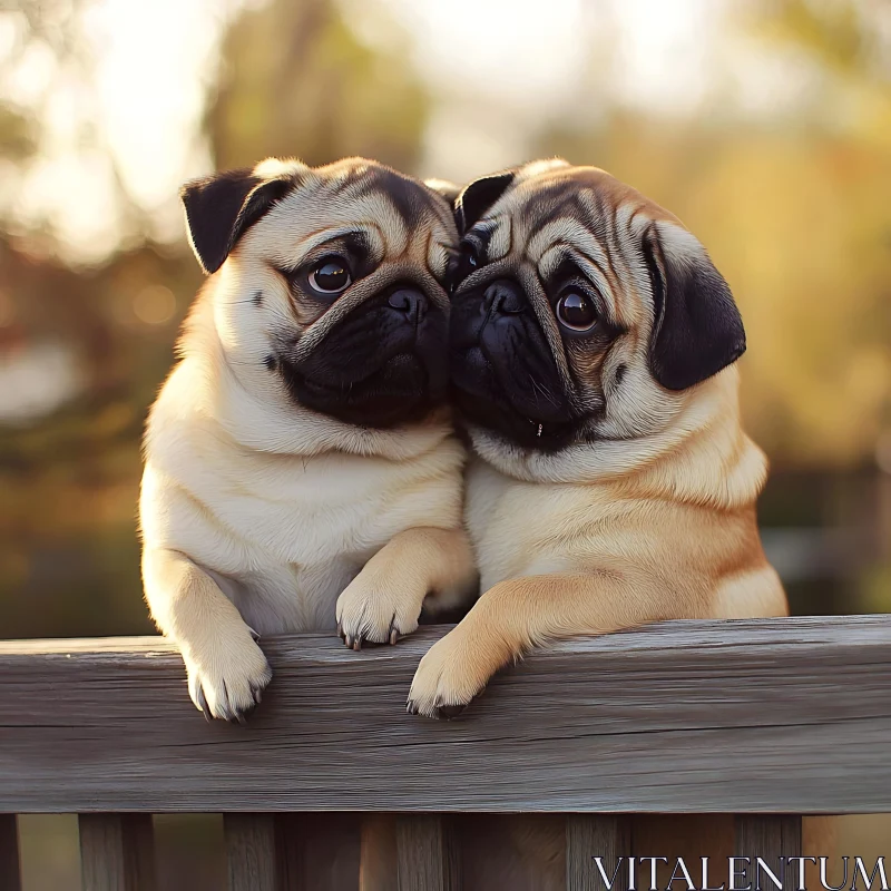 Cute Pug Puppies Leaning on a Fence AI Image