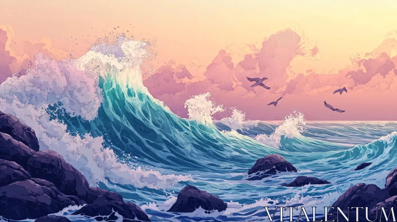 AI ART Coastal Scene with Crashing Wave