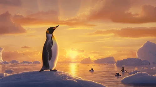 Golden Antarctic Sunset with Penguin