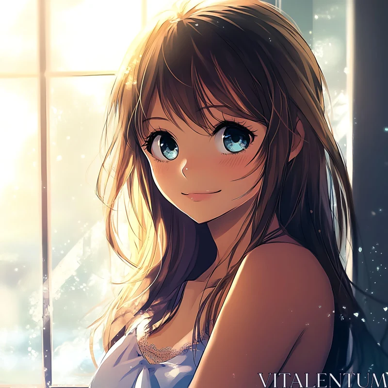 Blissful Anime Girl in Sunlit Ambience AI Image