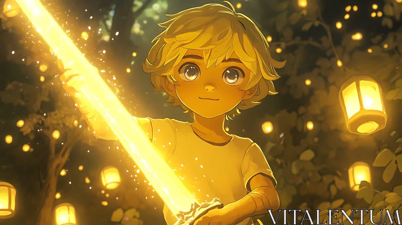 AI ART Anime Art of Child Holding Glowing Sword in Lantern Forest