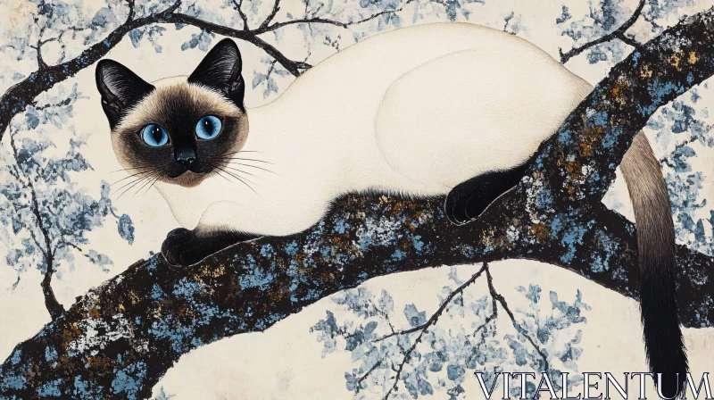 White Cat with Blue Eyes on Textured Branch AI Image