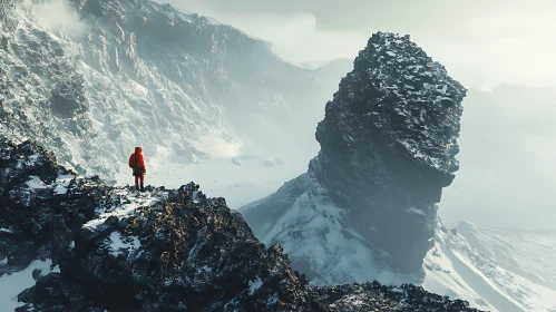 Mountain Hiker in Winter Landscape