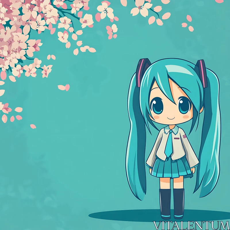 Cute Chibi Girl with Blue Hair and Blossoms AI Image