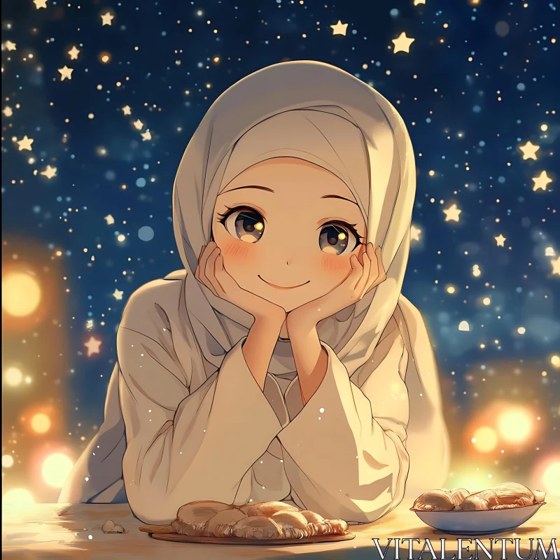 Starry Night Anime Girl with Pastries AI Image