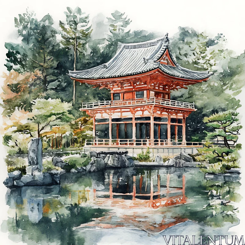 Traditional Japanese Temple in Tranquil Nature AI Image