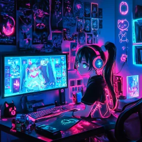 Neon Gaming Room with Anime Girl