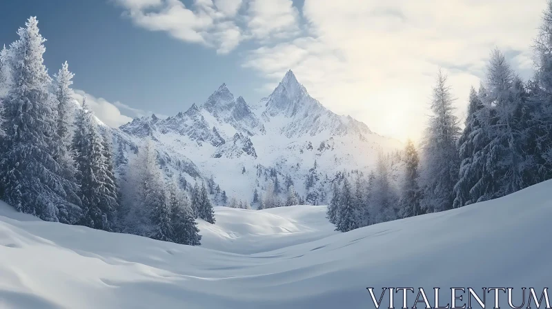 Winter Scene of Snow-Capped Mountains AI Image