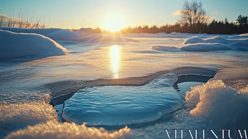 Winter Sunset with Melting Ice and Snow AI Image