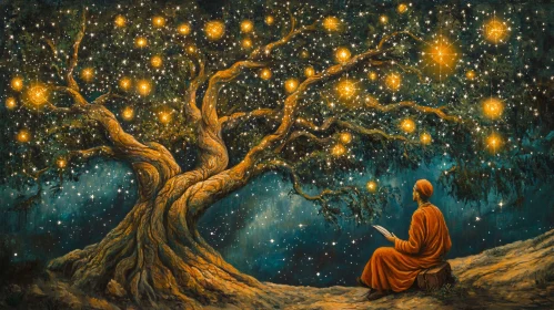 Celestial Tree and Contemplative Figure Art