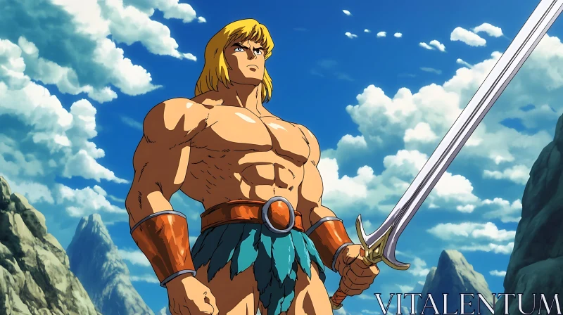 Heroic Cartoon Warrior with Golden Hair and Sword AI Image