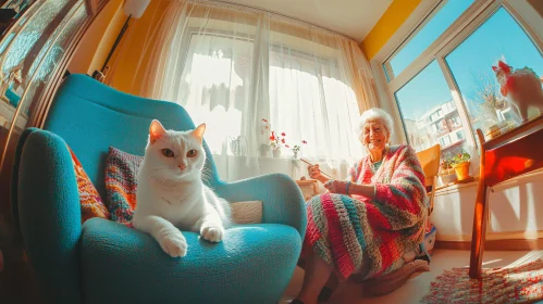 Warm Interior with Cat and Smiling Elderly Woman