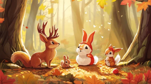 Cartoon Animals in Autumn Woods