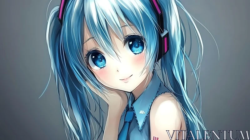 Blue-Haired Anime Girl in Digital Illustration AI Image