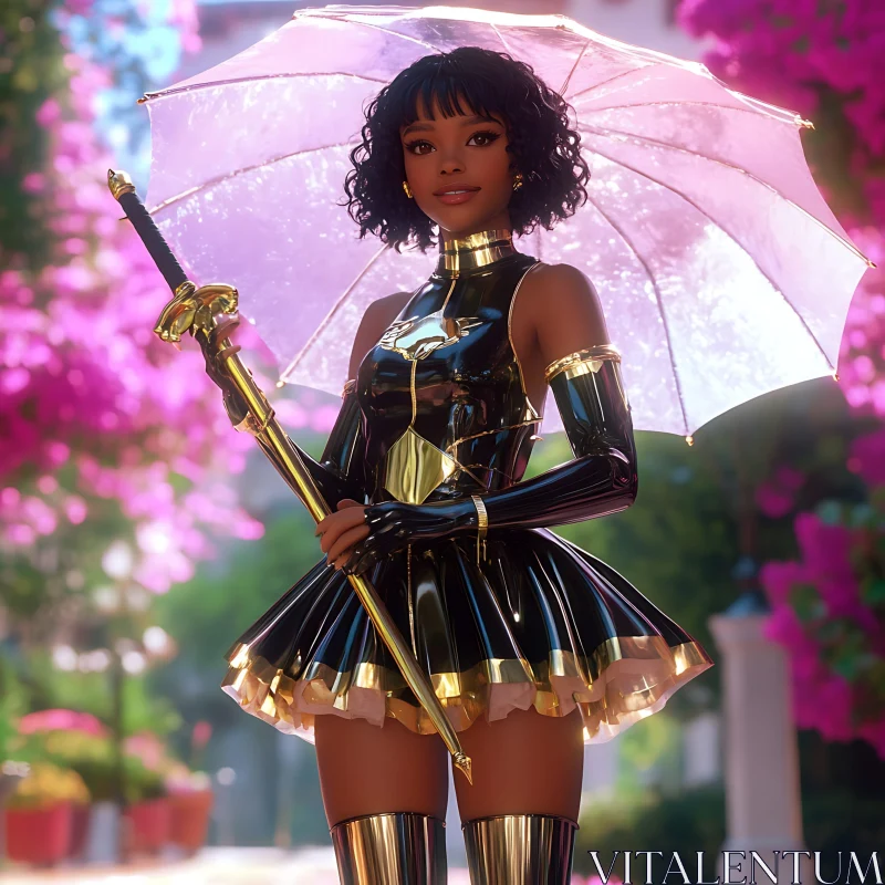 Glossy Black-Gold Anime Character with Umbrella AI Image