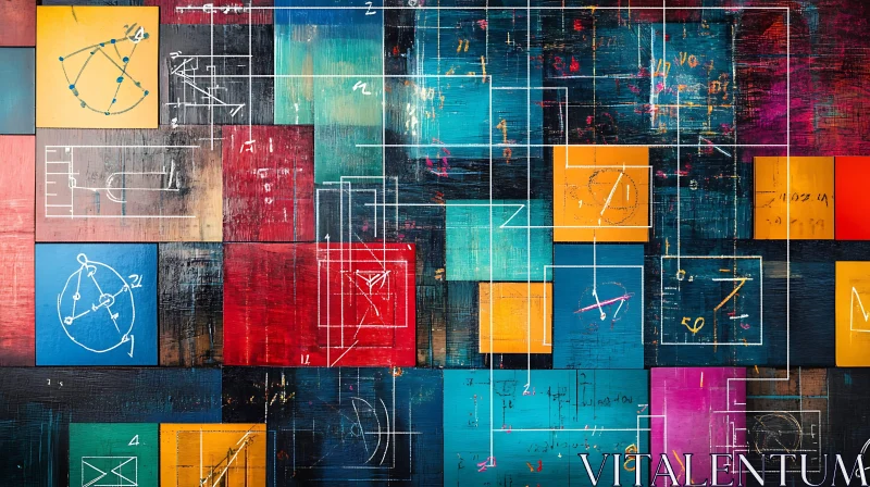 AI ART Colorful Squares Grid with Technical Sketches