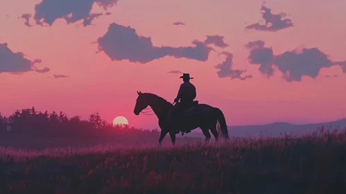 Cowboy and Horse Silhouette Against Sunset Sky