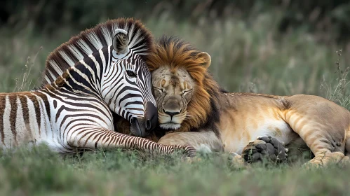 Lion and Zebra Resting