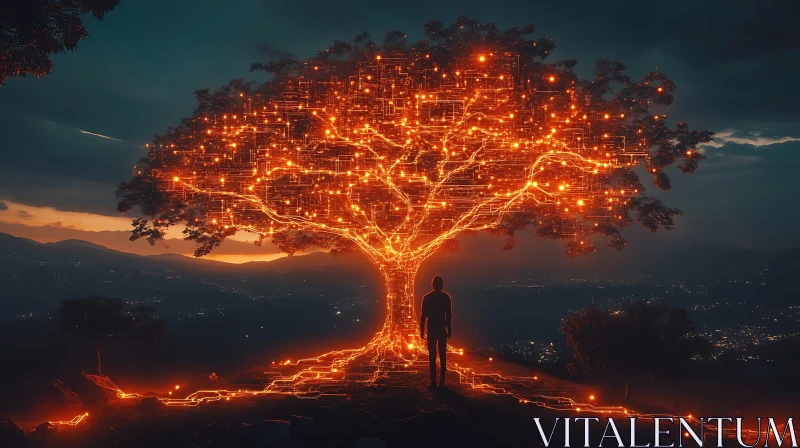 AI ART Glowing Tech Tree with Human Silhouette