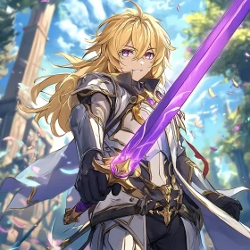 Blonde Anime Warrior with Armor and Purple Sword