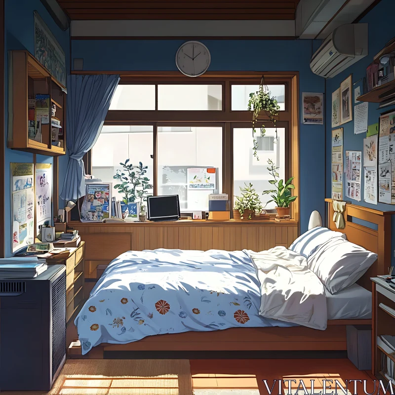 Inviting Bedroom with Warm Morning Light AI Image