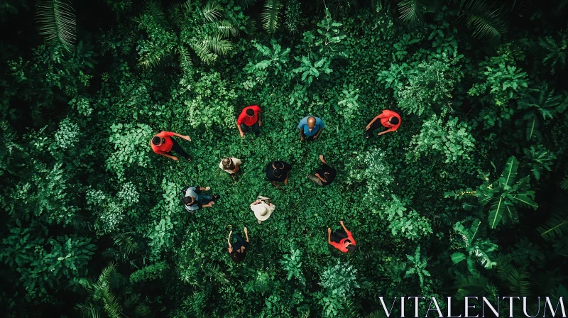 Group of People Exploring a Green Forest AI Image