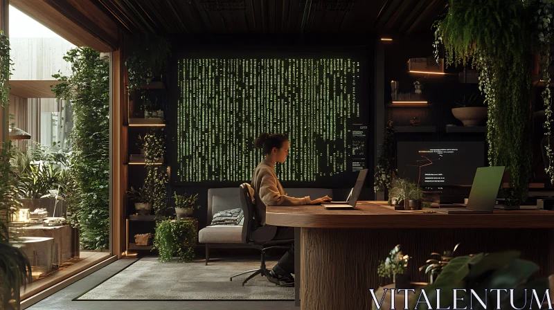 AI ART Woman Coding in Green Home Office