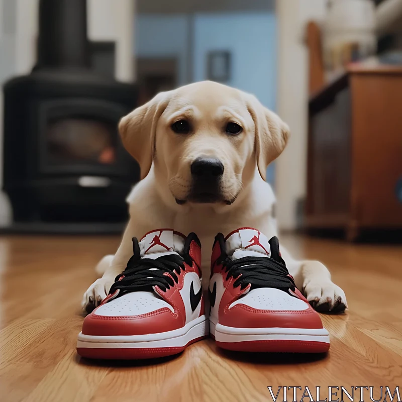 Charming Puppy with Red and White Sneakers in Cozy Home AI Image