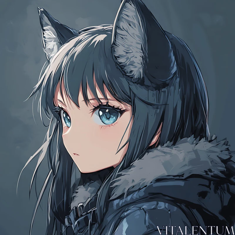 Digital Art of Anime Girl with Blue Eyes and Cat Ears AI Image