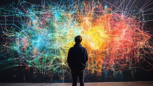 Man Gazing at Abstract Light Art