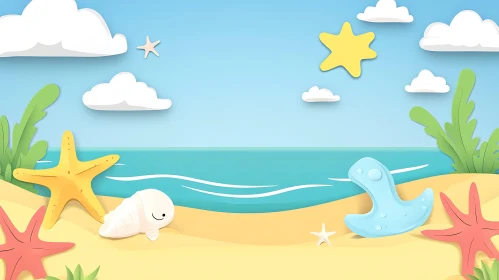 Whimsical Beach Cartoon with Sea Elements