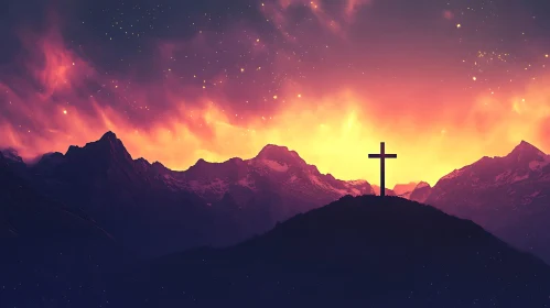 Cross at Sunset over Mountains