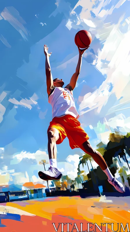 Energetic Basketball Player Leaping on Outdoor Court AI Image