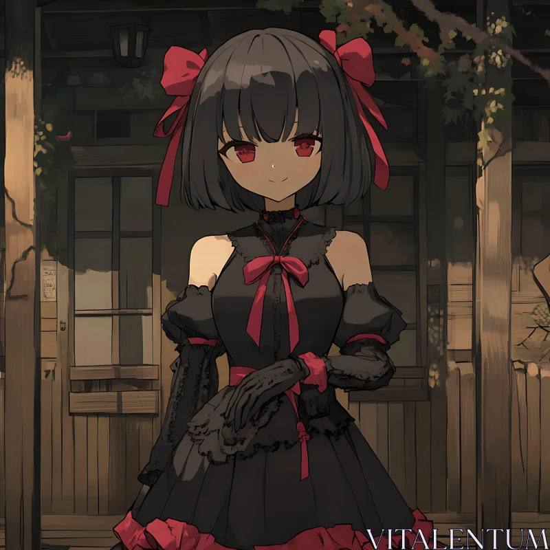 Victorian Gothic Anime Girl with Red Bows AI Image