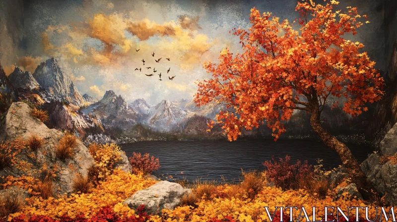 AI ART Serene Autumn Landscape with Lake and Mountains