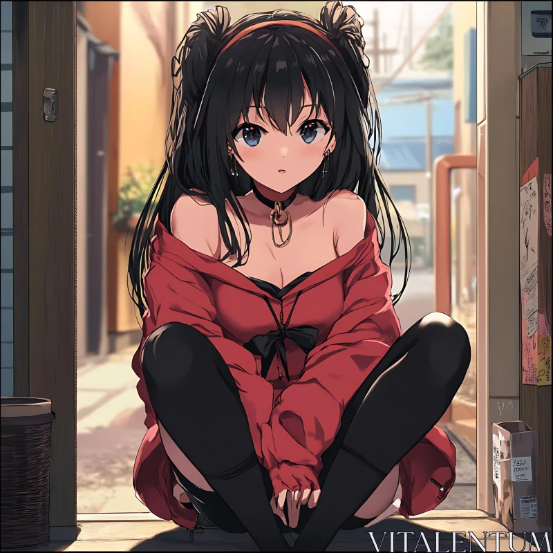 Contemplative Anime Girl in Urban Setting AI Image