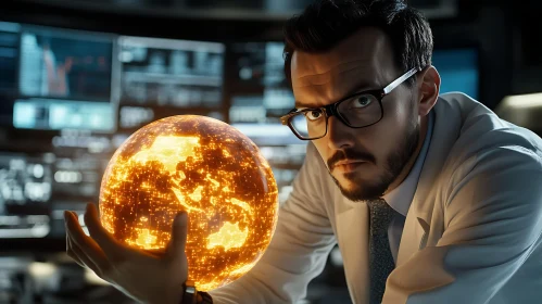 Man with Glowing Sphere in Lab