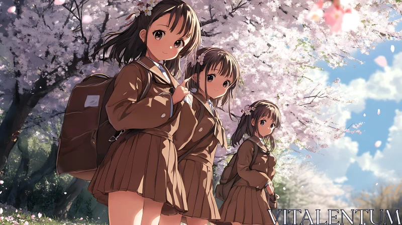 Anime Schoolgirls in Cherry Blossom Season AI Image