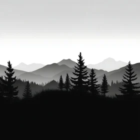 Monochrome Mountain and Forest Silhouette