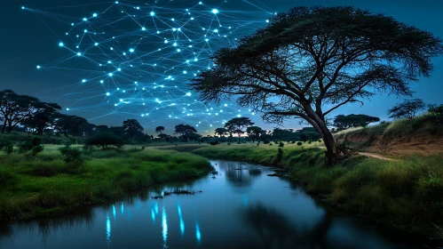 Serene River Landscape with Glowing Network