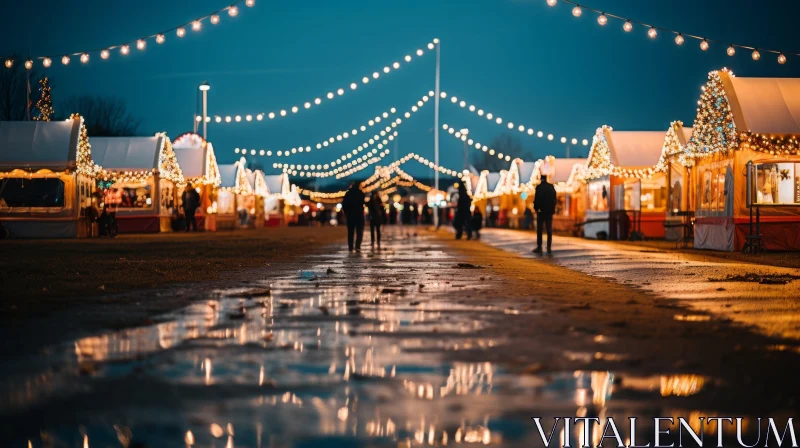 Festive Christmas Market Night View with Sparkling Seaside Reflections AI Image