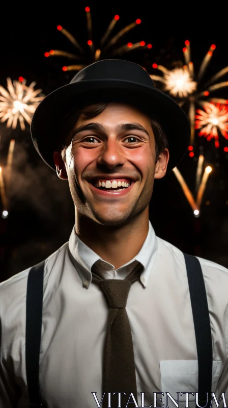 Joyful Man with Hat and Suspenders in Front of Fireworks AI Image