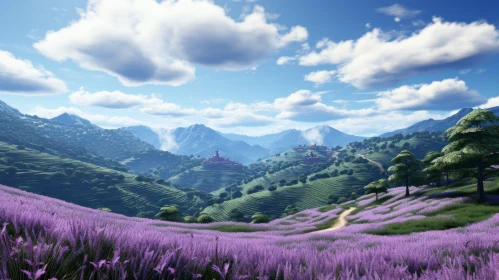 Lush Lavender Fields in Tranquil Hillscape